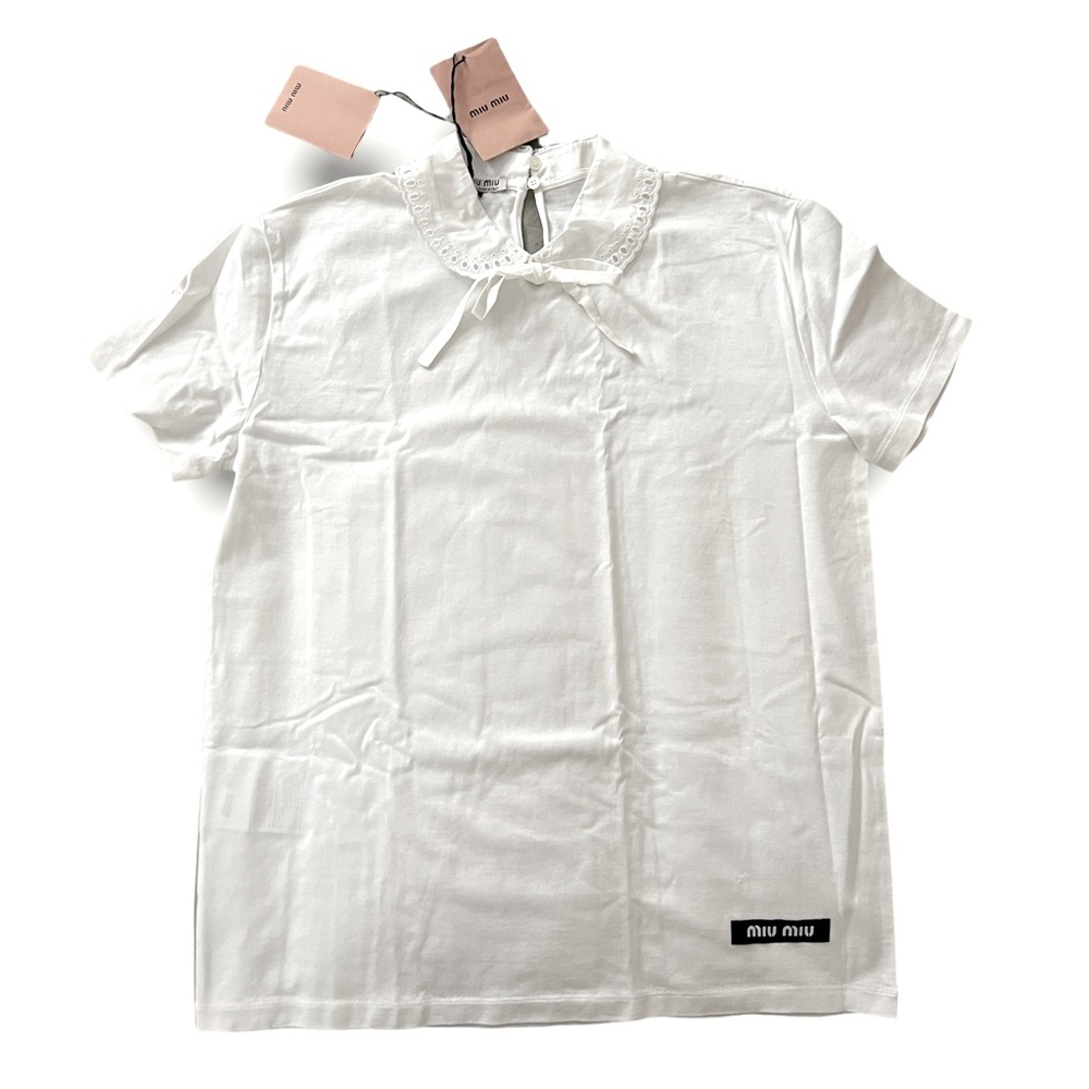 MIU MIU Women’s Scalloped Collar Cotton Jersey T-Shirt White NEW